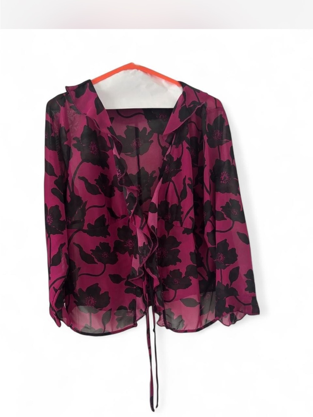 New York & Company Sheer Floral Ruffle Tie-Front Blouse - Magenta & Black